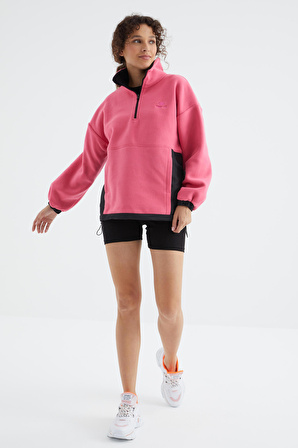 Şeker Pembe Yarım Fermuar Etek Ucu Büzgülü Dik Yaka  Oversize Kadın Polar Sweatshirt - 97236 | L