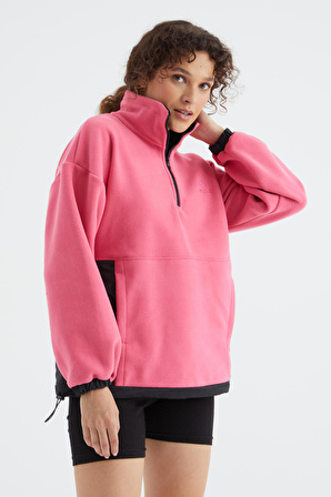 Şeker Pembe Yarım Fermuar Etek Ucu Büzgülü Dik Yaka  Oversize Kadın Polar Sweatshirt - 97236 | L