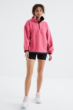 Şeker Pembe Yarım Fermuar Etek Ucu Büzgülü Dik Yaka  Oversize Kadın Polar Sweatshirt - 97236 | L