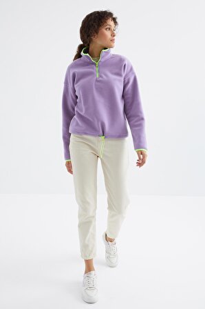 Açık Eflatun Yarım Fermuar Etek Ucu Büzgülü Dik Yaka Oversize Kadın Polar Sweatshirt - 97234 | L