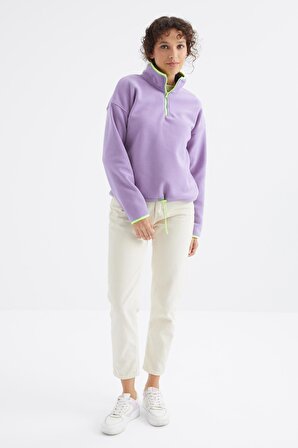 Açık Eflatun Yarım Fermuar Etek Ucu Büzgülü Dik Yaka Oversize Kadın Polar Sweatshirt - 97234 | XL