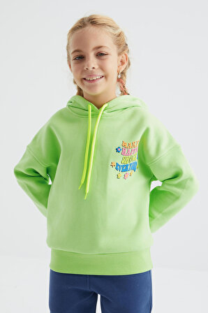 Fıstık Yeşil Ön Ve Sırt Yazı Baskılı Kapüşonlu Oversize Kız Çocuk Sweatshirt - 75092 | 7-8 Yaş