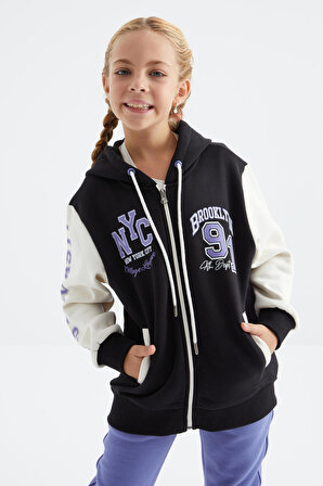 Siyah Ön Ve Kol Desenli Kapüşonlu Fermuarlı Kız Çocuk Sweatshirt - 75094 | 11-12 Yaş