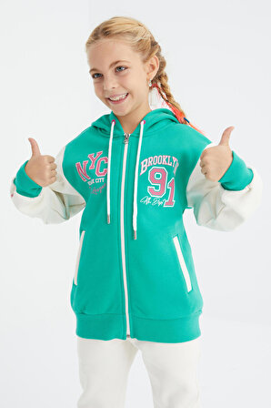 Deniz Yeşili Ön Ve Kol Desenli Kapüşonlu Fermuarlı Kız Çocuk Sweatshirt - 75094 | 12-13 Yaş