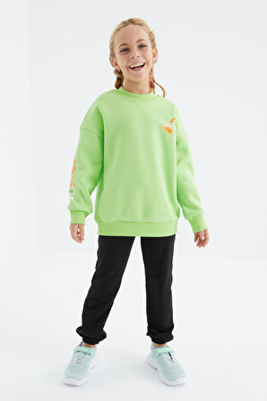 Fıstık Yeşil Baskı Detaylı O Yaka Kız Çocuk Sweatshirt - 75095 | 12-13 Yaş