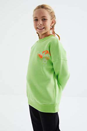 Fıstık Yeşil Baskı Detaylı O Yaka Kız Çocuk Sweatshirt - 75095 | 12-13 Yaş
