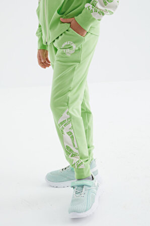 Fıstık Yeşil Baskı Ve Nakış Detaylı Fermuarlı Oversize Kız Çocuk Eşofman Takım  - 75084 | 12-13 Yaş