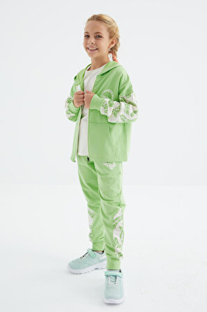 Fıstık Yeşil Baskı Ve Nakış Detaylı Fermuarlı Oversize Kız Çocuk Eşofman Takım  - 75084 | 12-13 Yaş