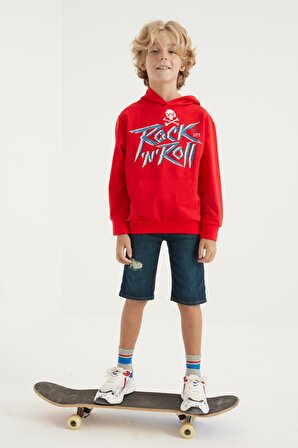 Kırmızı Baskı Detaylı Standart Kalıp Kapüşonlu Erkek Çocuk Sweatshirt - 11002 | 14-15