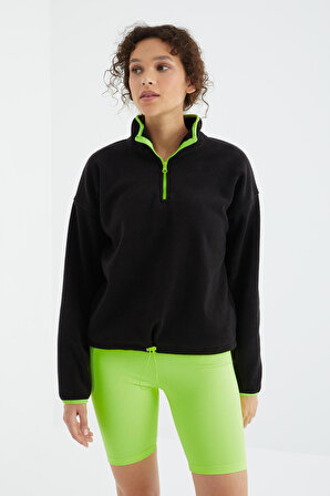 Siyah Yarım Fermuarlı Etek Ucu Büzgülü Dik Yaka Oversize Kadın Polar Sweatshirt - 97234 | XL