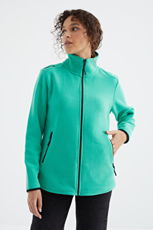 Deniz Yeşili Dik Yaka Fermuarlı Rahat Form Kadın Polar Sweatshirt - 97173 | XL