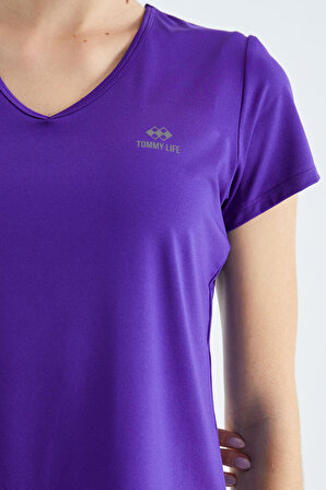 Koyu Mor Basic Kısa Kol Standart Kalıp V Yaka Kadın T-Shirt - 97145 | M