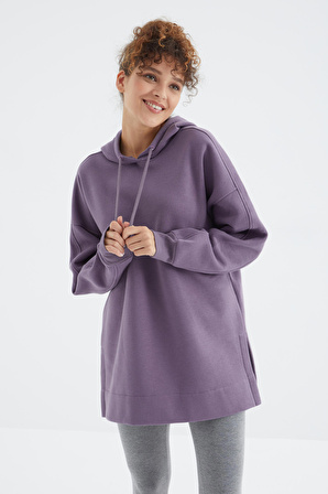 Eflatun Reglan Kol Renk Detaylı Basıc Kapüşonlu Oversize Tunik - 97242 | S