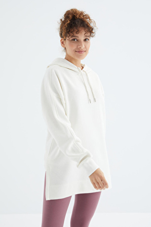 Ekru Reglan Kol Renk Detaylı Basıc Kapüşonlu Oversize Tunik - 97242 | M