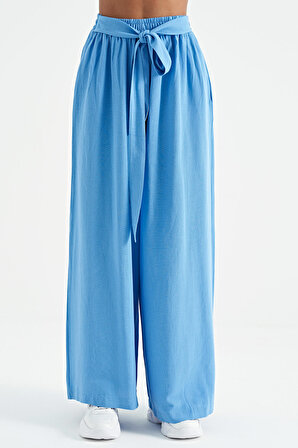 Mavi Bağlama Kemer Detaylı Geniş Paça Kadın Pantolon - 02194 | L