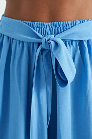 Mavi Bağlama Kemer Detaylı Geniş Paça Kadın Pantolon - 02194 | S