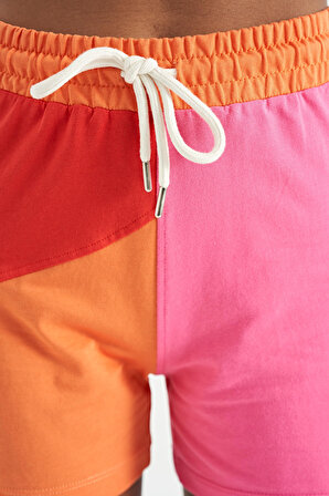 Oranj Renk Bloklu Standart Kalıp Kısa Kadın Şort - 02155 | XL