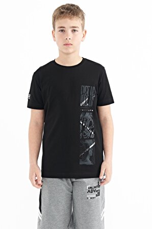 Siyah Baskı Detaylı O Yaka Standart Kalıp Erkek Çocuk T-Shirt - 11104 | 11-12