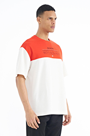 Ekru Renk Geçişli Baskı Detaylı O Yaka Oversize Erkek T-shirt - 88225 | L