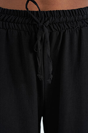 Siyah Nakış İşlemeli Rahat Kalıp Bol Paça Kadın Pantolon - 02288 | S