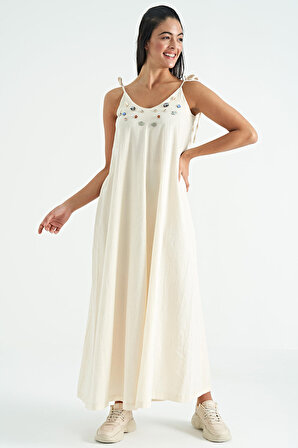Bej Deniz Kabuğu İşlemeli Geniş Etek Kesimli Askılı Elbise - 02293 | M