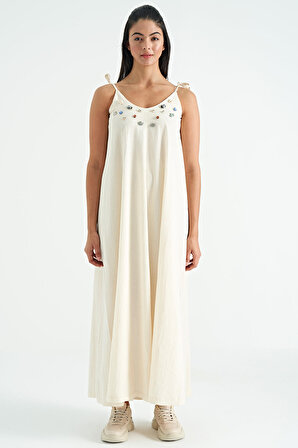 Bej Deniz Kabuğu İşlemeli Geniş Etek Kesimli Askılı Elbise - 02293 | M