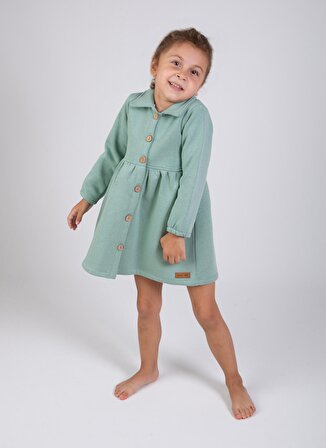 Yami Mia Düğmeli Normal Kalıp Düz Mint Kız Çocuk Elbise