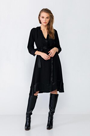 DANİTA Siyah Kruvaze Kapama, A Form, Beli Kemerli, Yanları Yırtmaçlı Modern Kımono Midi Boy Elbise | 36