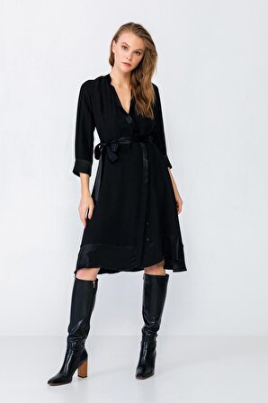 DANİTA Siyah Kruvaze Kapama, A Form, Beli Kemerli, Yanları Yırtmaçlı Modern Kımono Midi Boy Elbise | 36