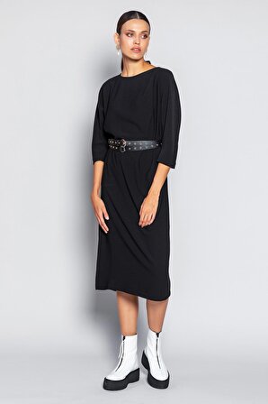 DELAN Siyah Yakası Pileli, Yandan Yırtmaçlı Deri Kemerli Elbise | 42