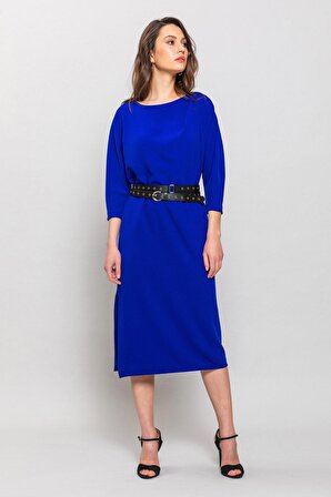 DELAN Saks Mavi Yakası Pileli, Yandan Yırtmaçlı Deri Kemerli Elbise | 38