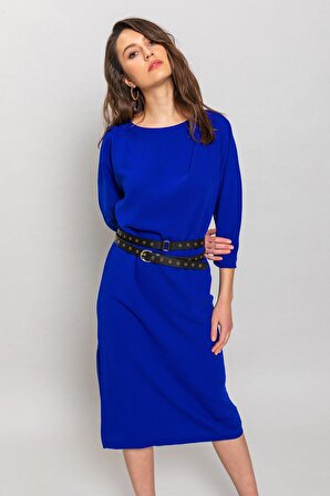 DELAN Saks Mavi Yakası Pileli, Yandan Yırtmaçlı Deri Kemerli Elbise | 38
