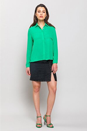 BESSO Yeşil Uzun Kollu Gizli Kat Detaylı Gömlek | 34