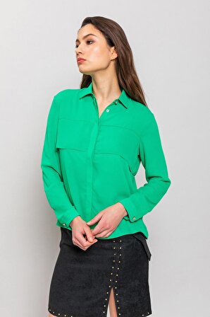 BESSO Yeşil Uzun Kollu Gizli Kat Detaylı Gömlek | 34