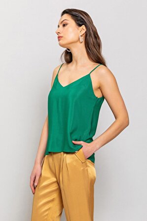 BESSAA Yeşil Askılı Dokuma Bluz ''Sustainable Fabric'' | 44
