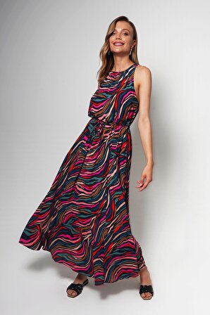 DOLENI Multi Renk Halter Yaka İp Kemer Detaylı Elbise | 34
