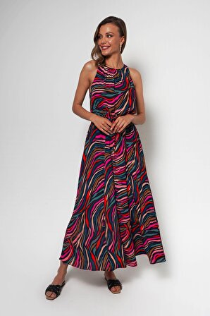 DOLENI Multi Renk Halter Yaka İp Kemer Detaylı Elbise | 34