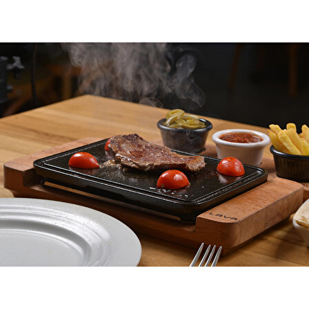 Lava Döküm Dikdörtgen Izgara Hot Plate Paslanmaz Çelik Metal Tabla ve Kayın Servis Ahşabı Ölçü 22x16cm.