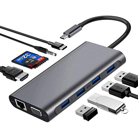 Codegen USB 3.1 Type-C – 11in1 4xUSB 3.0+HDMI+VGA+USB 3.1 Type-C + RJ45 Ethernet+ SD/Micro Sd Kart Çevirici Adaptör CDG-CNV49