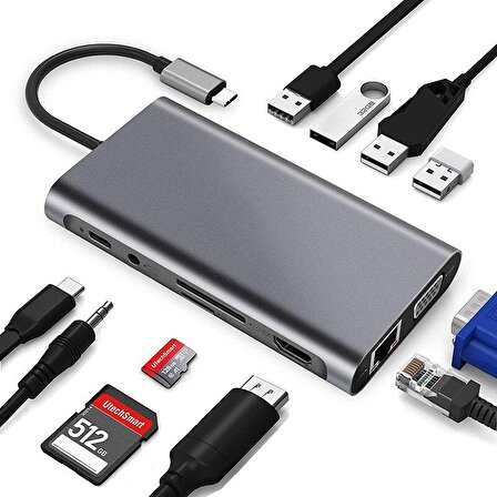 Codegen USB 3.1 Type-C – 11in1 4xUSB 3.0+HDMI+VGA+USB 3.1 Type-C + RJ45 Ethernet+ SD/Micro Sd Kart Çevirici Adaptör CDG-CNV49