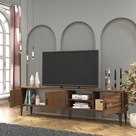 Marin Tv Ünitesi Tv Sehpası 180 cm Çizgi desenli , Raflı , Ceviz