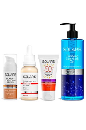Solaris Aydınlatıcı-Kırışıklık Karşıtı Gece-Gündüz Leke Jel-Krem-Serum & Retinol Serum + Güneş Koruyucu + Temizleme Jeli 4'lü Set  50-30-400 ml 