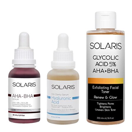 Solaris Cilt Tonu Eşitleyici Aha %10 + Bha %2 Serum 30 ml ve Hyaluronik Asit Serum 30 ml ve Gözenek Sıkılaştırıcı Aha Bha Tonik 200 ml