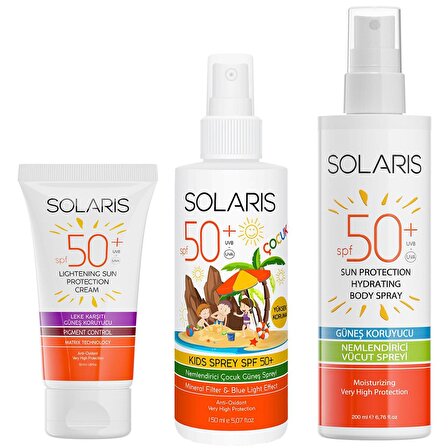 Solaris Güneş Kremi Leke Karşıtı SPF 50+ (50 ml) ve Çocuk Güneş Kremi Sprey SPF 50+ (150 ml) ve Yetişkin Güneş Koruyucu Krem Sprey SPF 50+ (200 ml)
