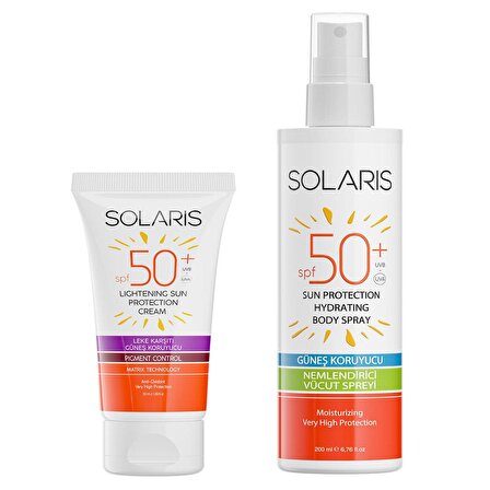 Solaris Güneş Kremi Leke Karşıtı SPF 50+ (50 ml) ve Güneş Koruyucu Krem Sprey SPF 50+ Yüksek Koruma (200 ml)