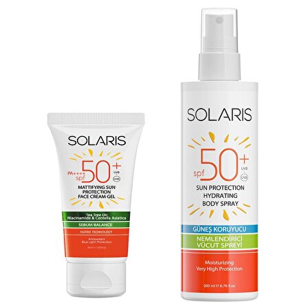 Solaris Yağlı Cilt Tipleri İçin Jel Güneş Kremi SPF 50+ (50 ml) ve Güneş Koruyucu Krem Sprey SPF 50+  (200 ml)