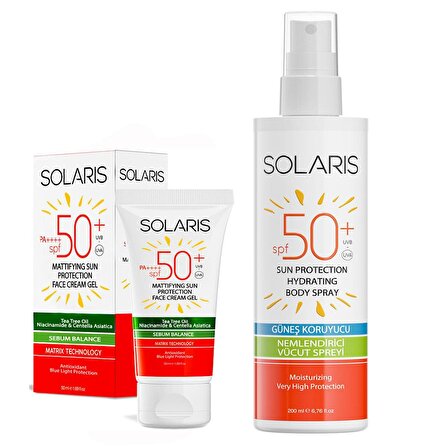 Solaris Yağlı Cilt Tipleri İçin Jel Güneş Kremi SPF 50+ (50 ml) ve Güneş Koruyucu Krem Sprey SPF 50+  (200 ml)