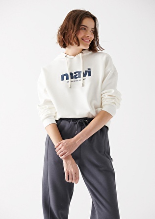 Mavi Logo Baskılı Kapüşonlu Ekru Sweatshirt 168334-81964