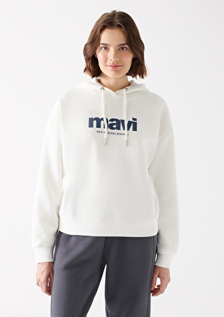 Mavi Logo Baskılı Kapüşonlu Ekru Sweatshirt 168334-81964