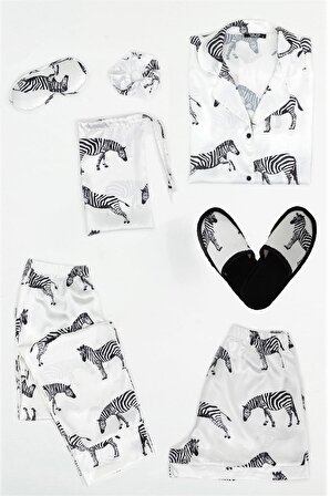 7 li Zebra Desenli Beyaz Saten Pijama Takımı